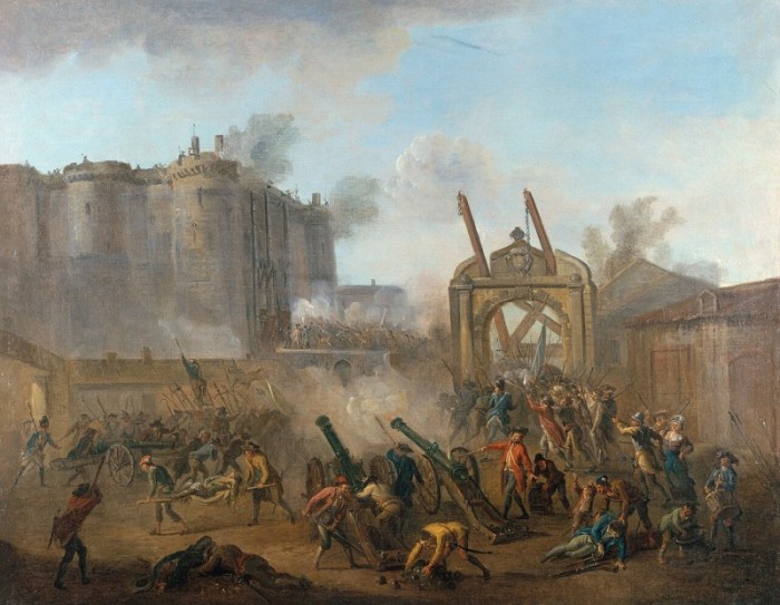 A painting of the storming of the Bastille by Lallemand, public domain.